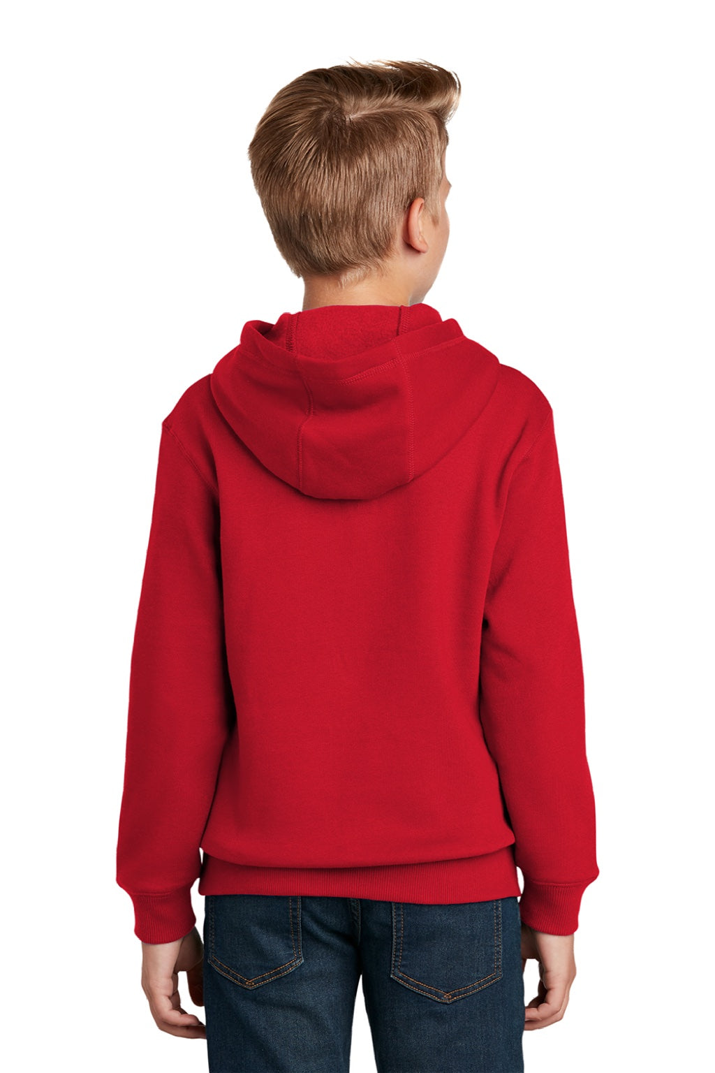 Sport-Tek YST254 Youth Shrink Resistant Fleece Hooded Sweatshirt Hoodie w/ Pouch Pocket True Red Model Back