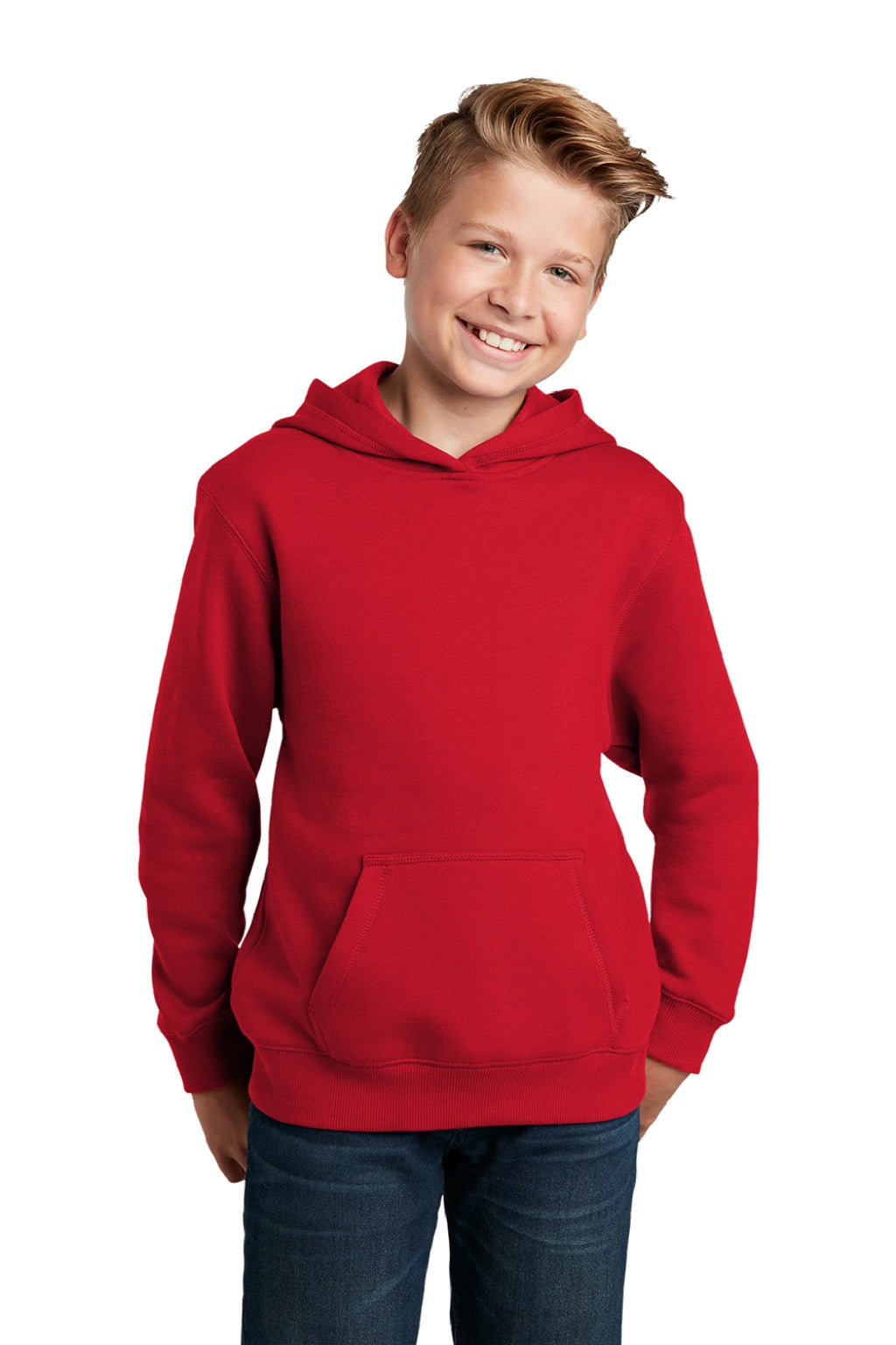 Sport-Tek YST254 Youth Shrink Resistant Fleece Hooded Sweatshirt Hoodie w/ Pouch Pocket True Red Model Front