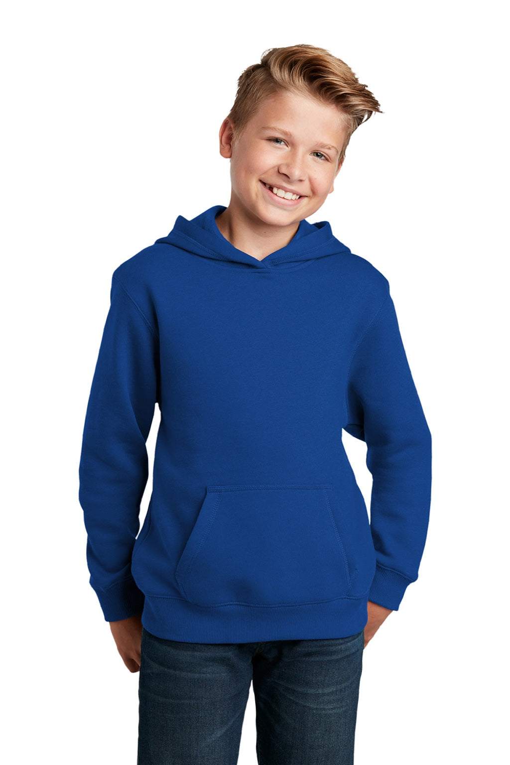 Sport-Tek YST254 Youth Shrink Resistant Fleece Hooded Sweatshirt Hoodie w/ Pouch Pocket True Royal Blue Model Front
