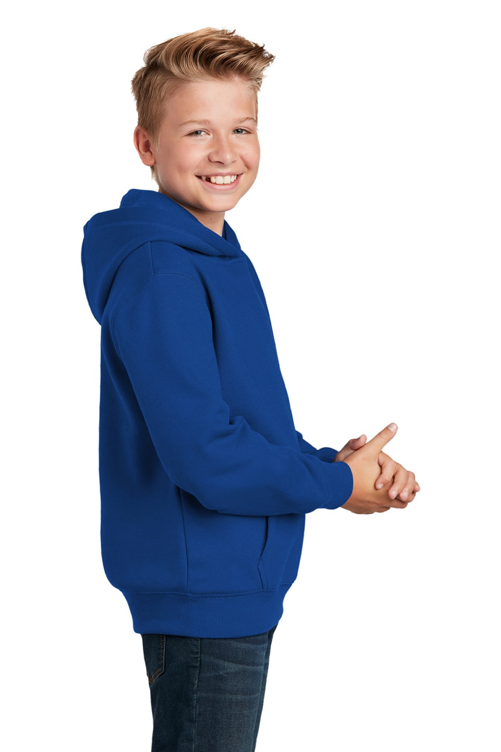 Sport-Tek YST254 Youth Shrink Resistant Fleece Hooded Sweatshirt Hoodie w/ Pouch Pocket True Royal Blue Model Side