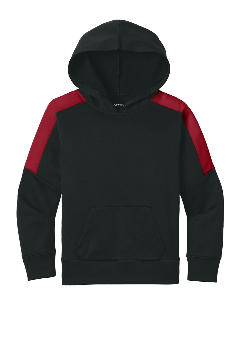 Sport-Tek YST255 Youth Sport-Wick Moisture Wicking United Fleece Hooded Sweatshirt Hoodie w/ Pouch Pocket Black/Deep Red Flat Front