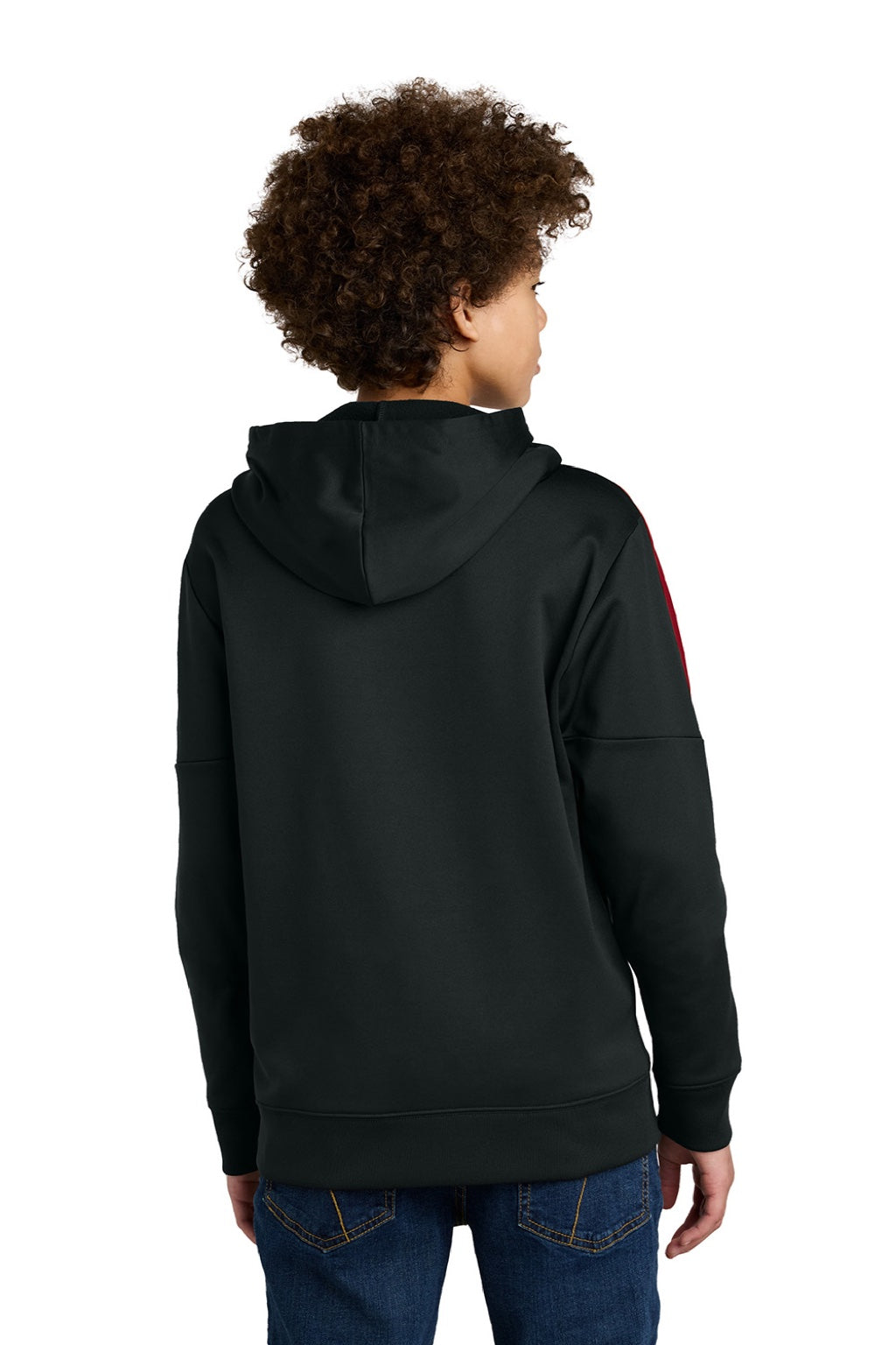 Sport-Tek YST255 Youth Sport-Wick Moisture Wicking United Fleece Hooded Sweatshirt Hoodie w/ Pouch Pocket Black/Deep Red Model Back