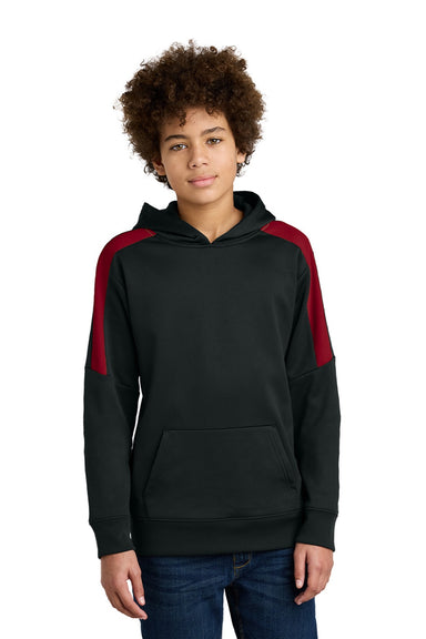 Sport-Tek YST255 Youth Sport-Wick Moisture Wicking United Fleece Hooded Sweatshirt Hoodie w/ Pouch Pocket Black/Deep Red Model Front