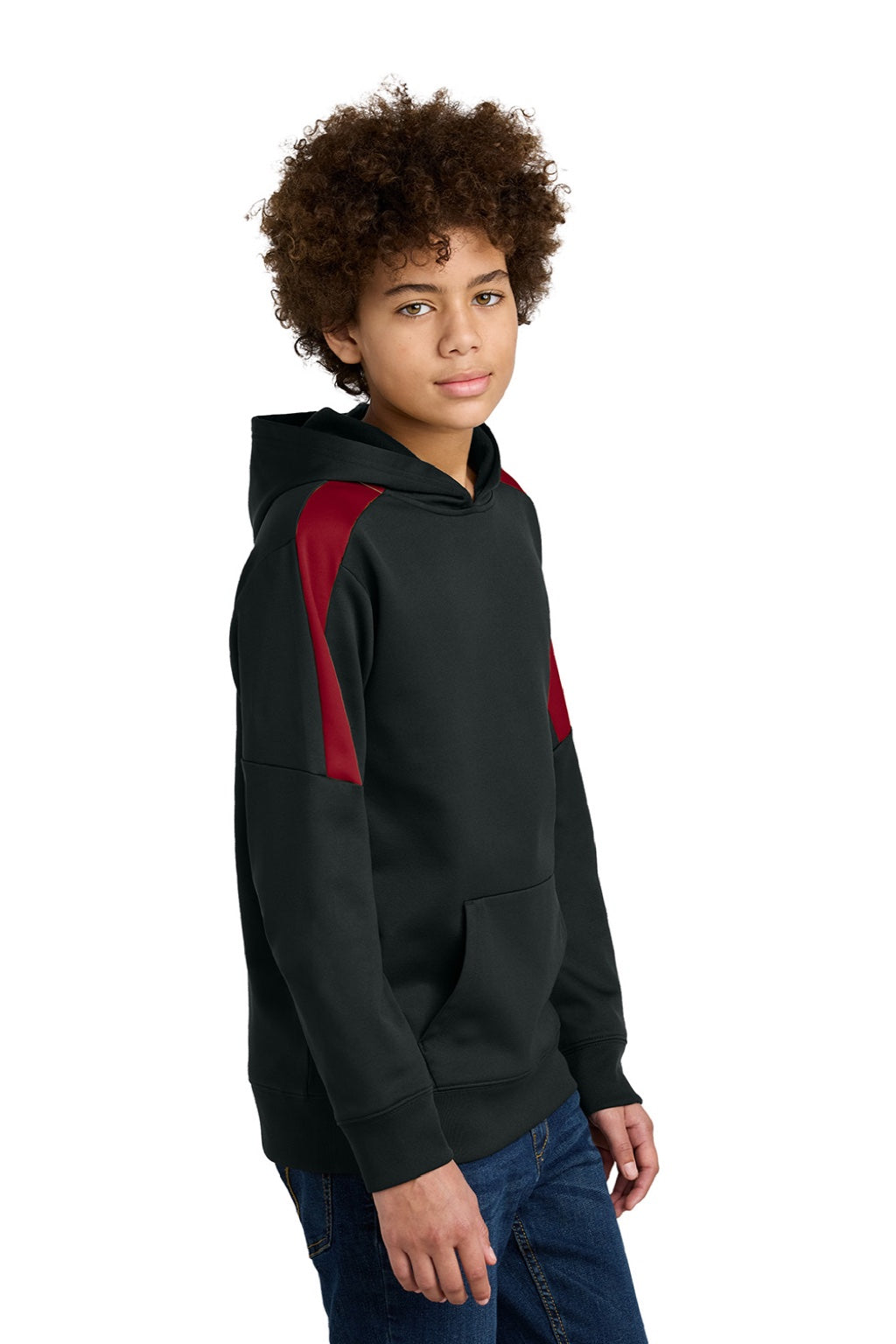 Sport-Tek YST255 Youth Sport-Wick Moisture Wicking United Fleece Hooded Sweatshirt Hoodie w/ Pouch Pocket Black/Deep Red Model Side