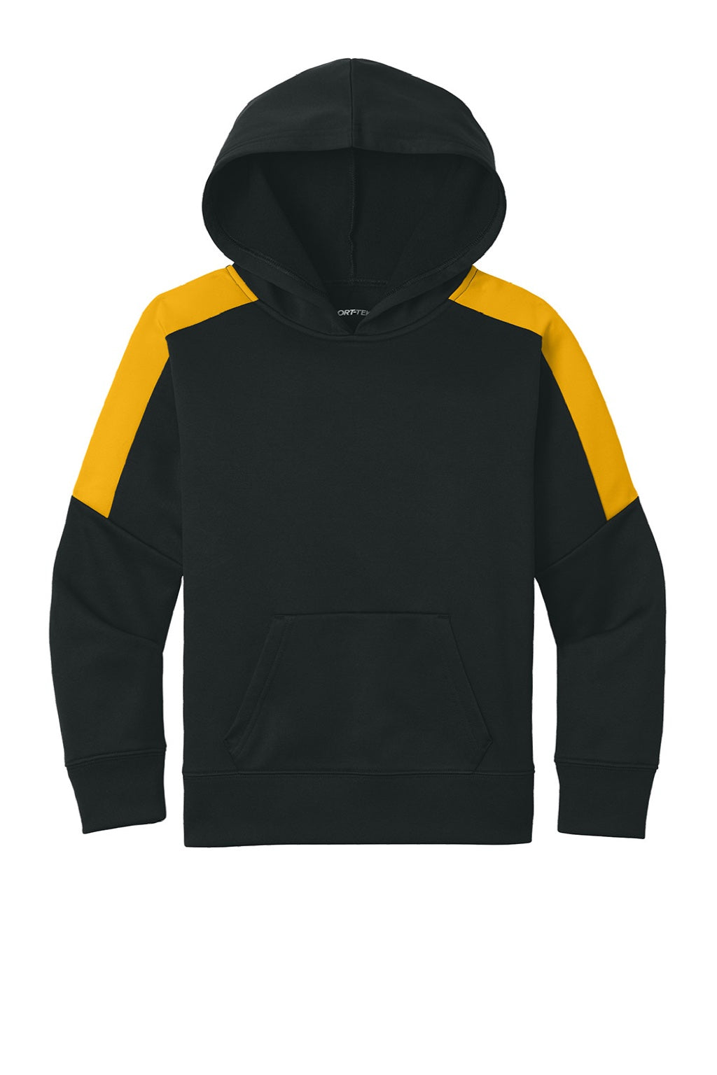 Sport-Tek YST255 Youth Sport-Wick Moisture Wicking United Fleece Hooded Sweatshirt Hoodie w/ Pouch Pocket Black/Gold Flat Front