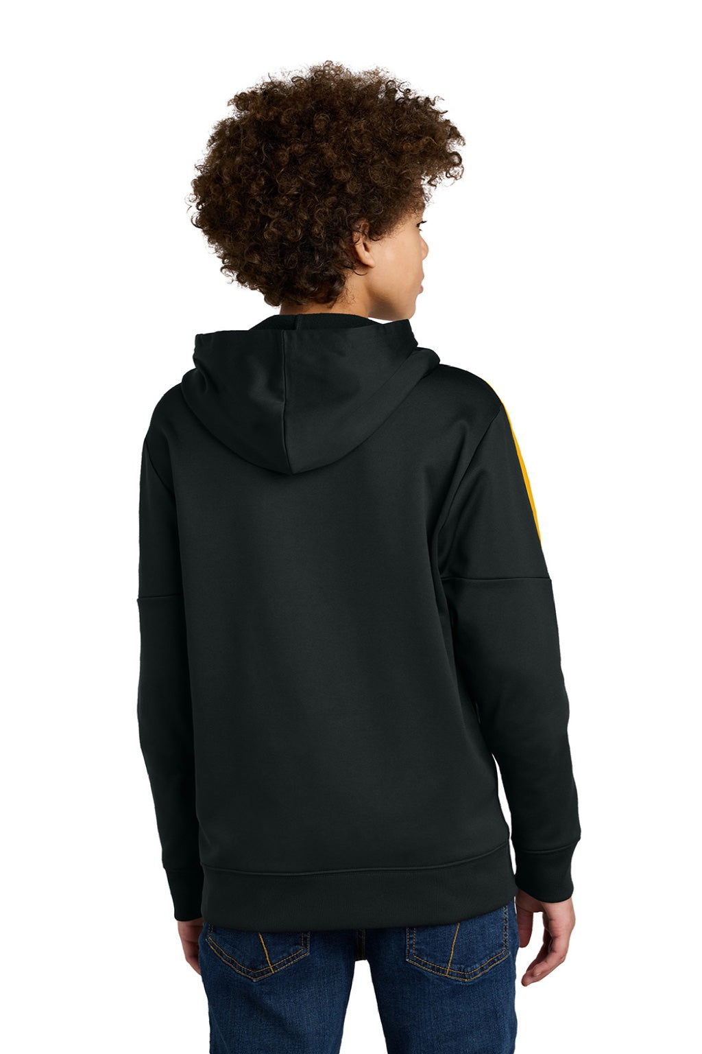 Sport-Tek YST255 Youth Sport-Wick Moisture Wicking United Fleece Hooded Sweatshirt Hoodie w/ Pouch Pocket Black/Gold Model Back