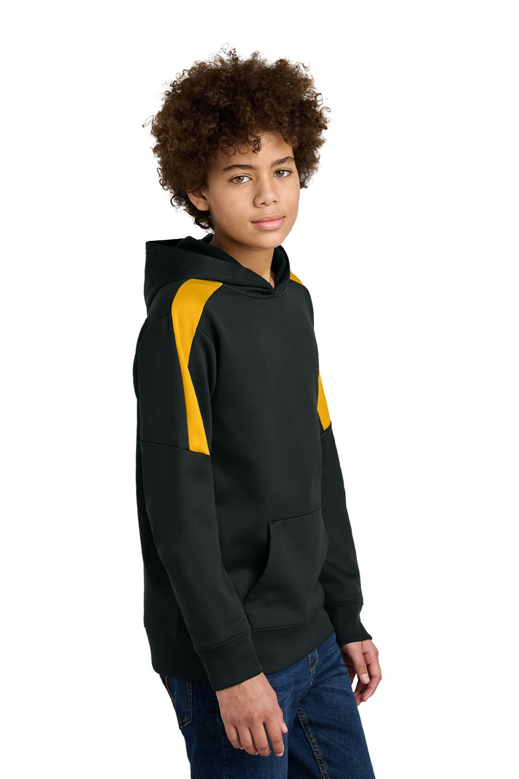 Sport-Tek YST255 Youth Sport-Wick Moisture Wicking United Fleece Hooded Sweatshirt Hoodie w/ Pouch Pocket Black/Gold Model Side