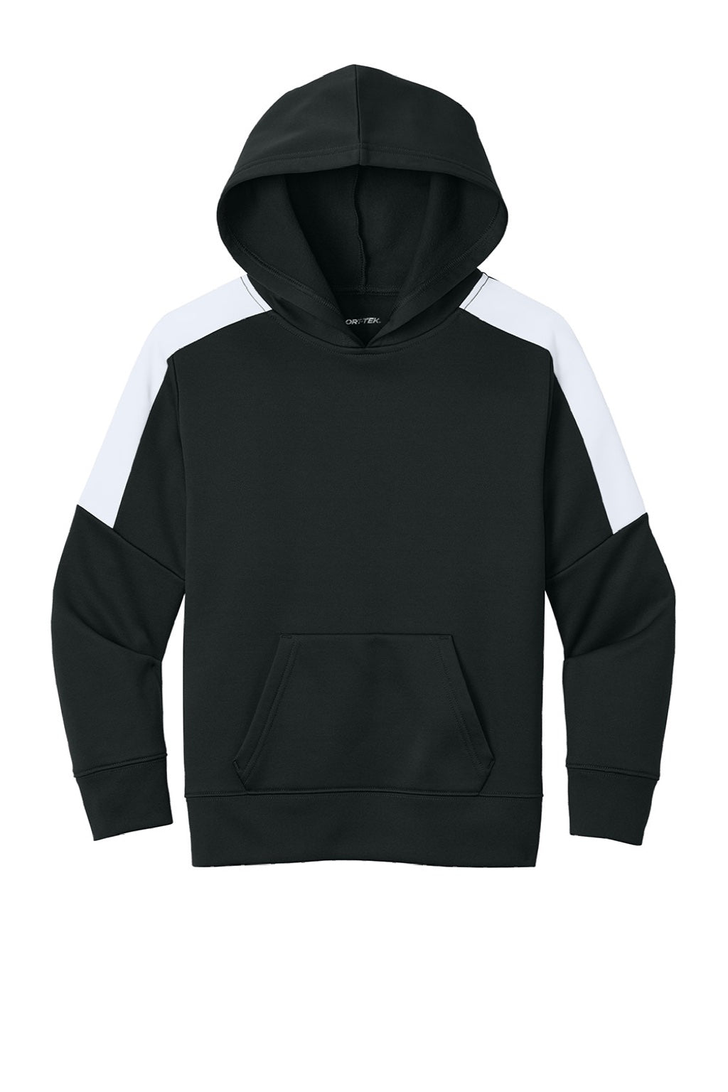 Sport-Tek YST255 Youth Sport-Wick Moisture Wicking United Fleece Hooded Sweatshirt Hoodie w/ Pouch Pocket Black/White Flat Front