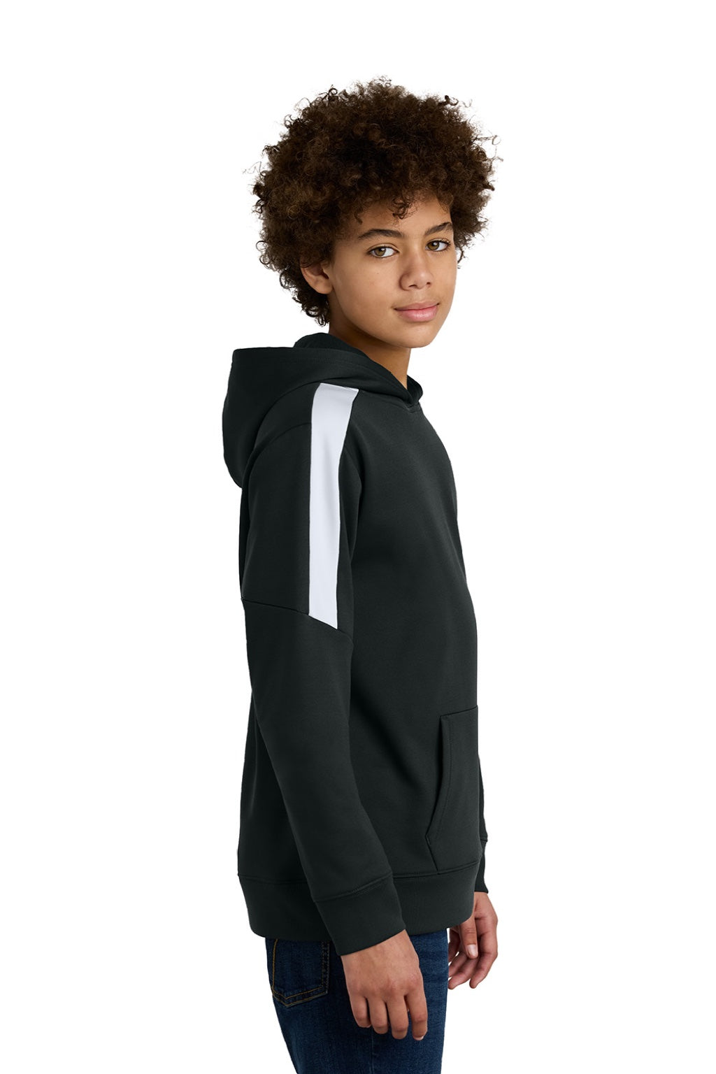 Sport-Tek YST255 Youth Sport-Wick Moisture Wicking United Fleece Hooded Sweatshirt Hoodie w/ Pouch Pocket Black/White Model Side