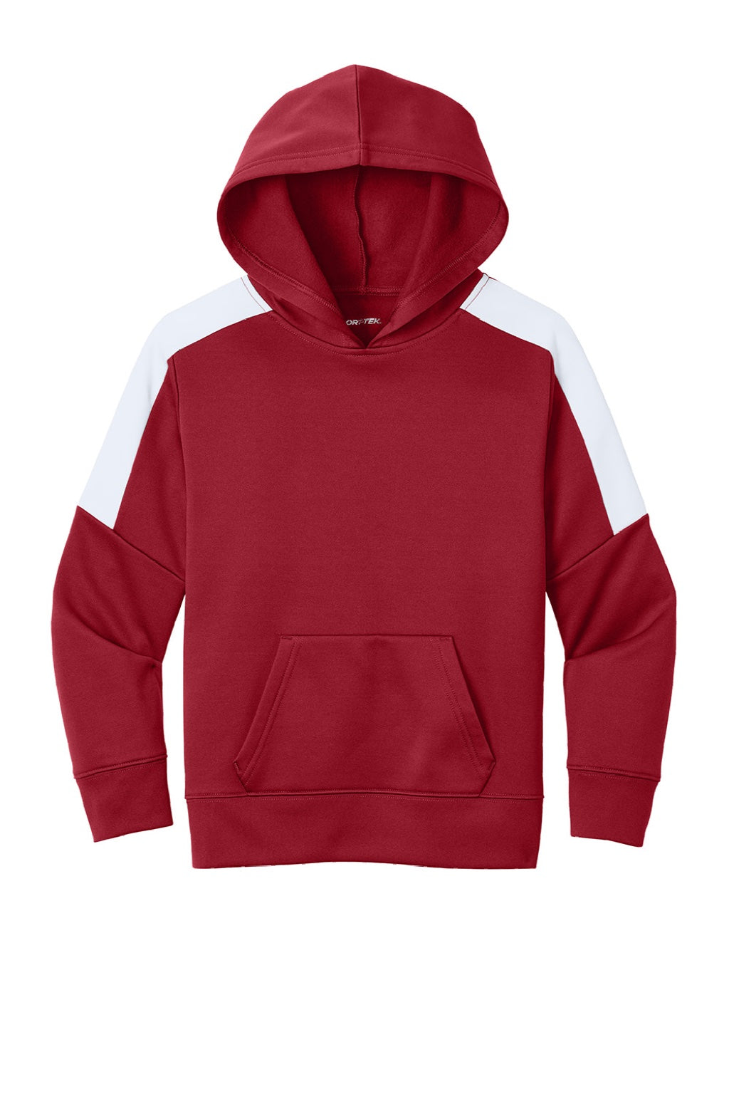 Sport-Tek YST255 Youth Sport-Wick Moisture Wicking United Fleece Hooded Sweatshirt Hoodie w/ Pouch Pocket Deep Red/White Flat Front