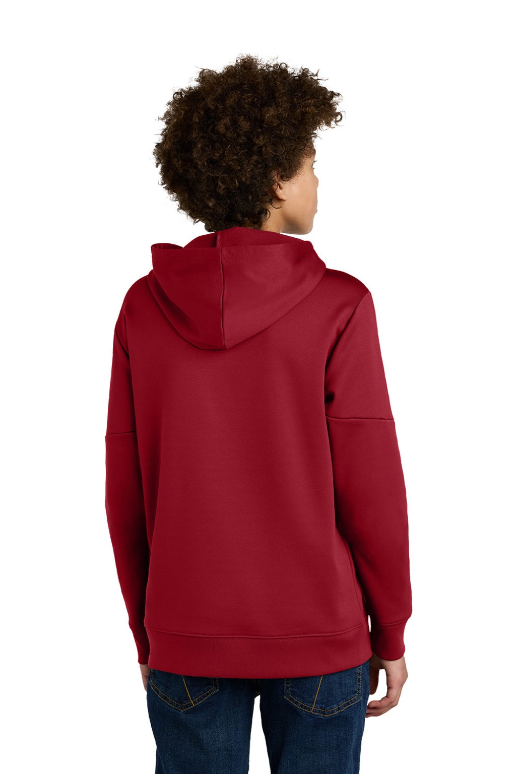 Sport-Tek YST255 Youth Sport-Wick Moisture Wicking United Fleece Hooded Sweatshirt Hoodie w/ Pouch Pocket Deep Red/White Model Back