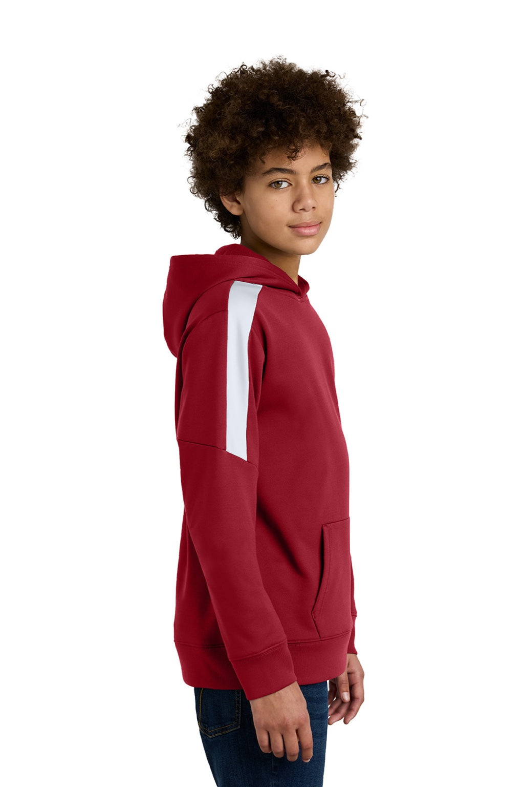 Sport-Tek YST255 Youth Sport-Wick Moisture Wicking United Fleece Hooded Sweatshirt Hoodie w/ Pouch Pocket Deep Red/White Model Side