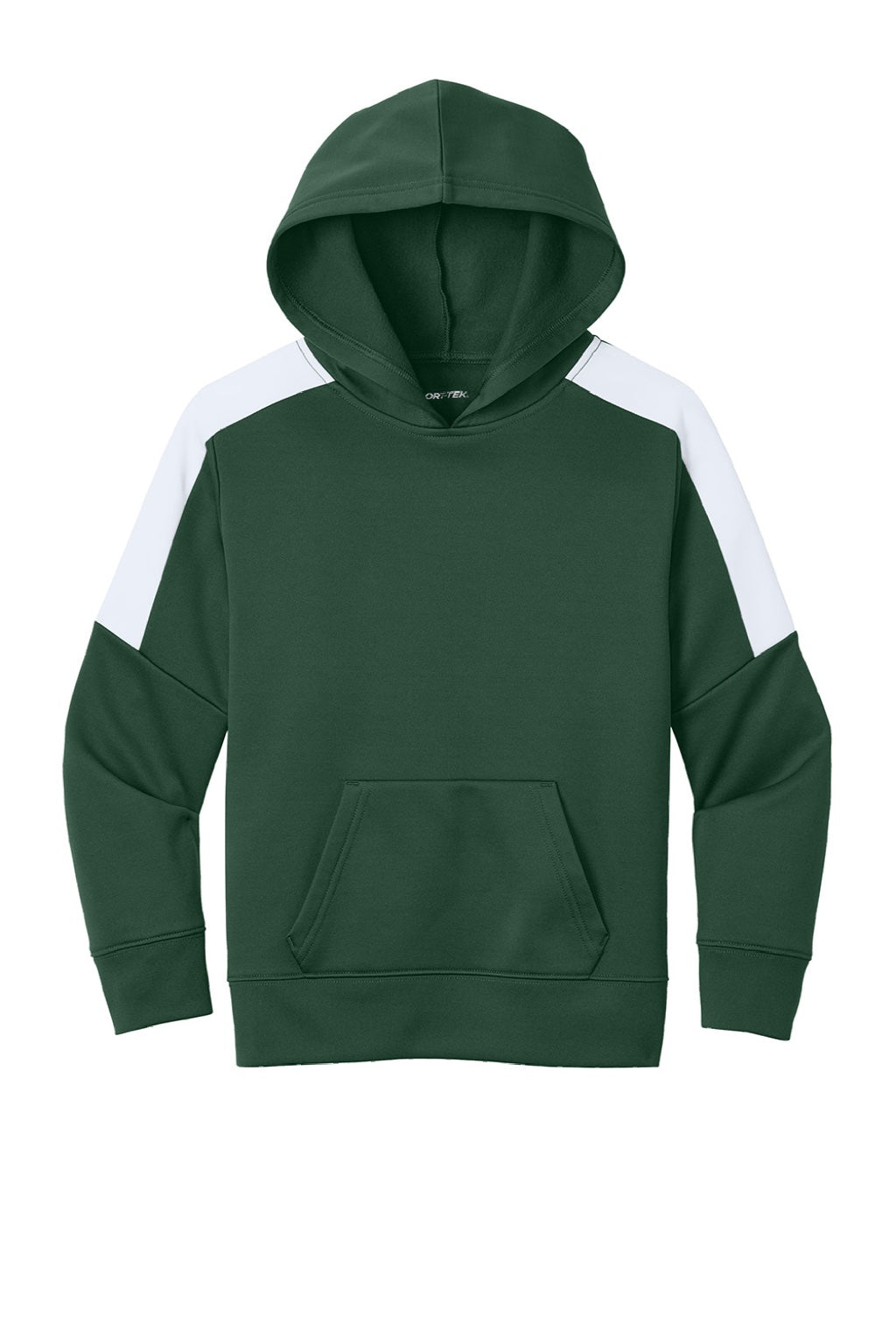 Sport-Tek YST255 Youth Sport-Wick Moisture Wicking United Fleece Hooded Sweatshirt Hoodie w/ Pouch Pocket Forest Green/White Flat Front