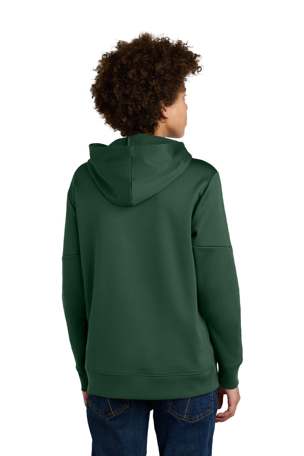 Sport-Tek YST255 Youth Sport-Wick Moisture Wicking United Fleece Hooded Sweatshirt Hoodie w/ Pouch Pocket Forest Green/White Model Back