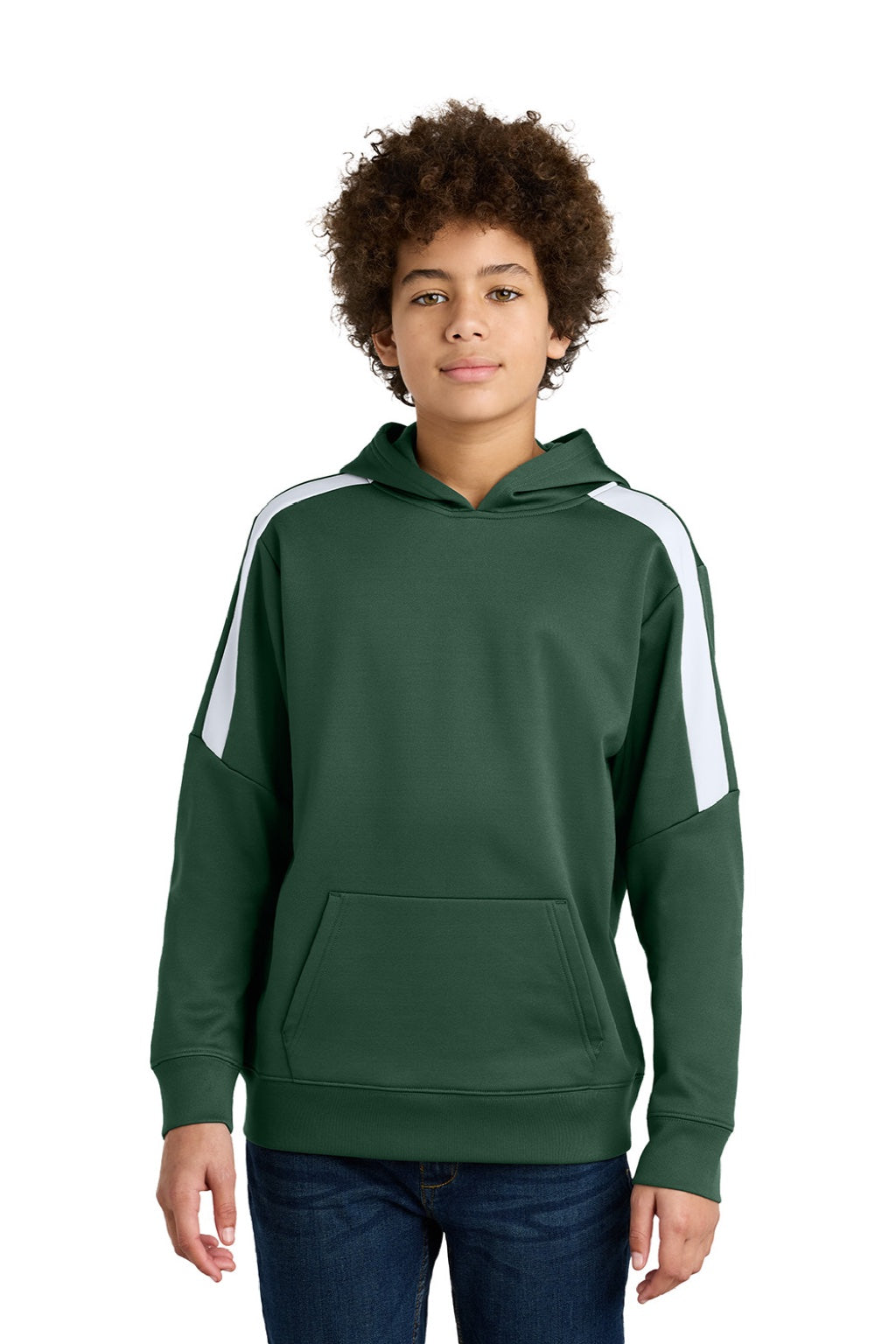 Sport-Tek YST255 Youth Sport-Wick Moisture Wicking United Fleece Hooded Sweatshirt Hoodie w/ Pouch Pocket Forest Green/White Model Front