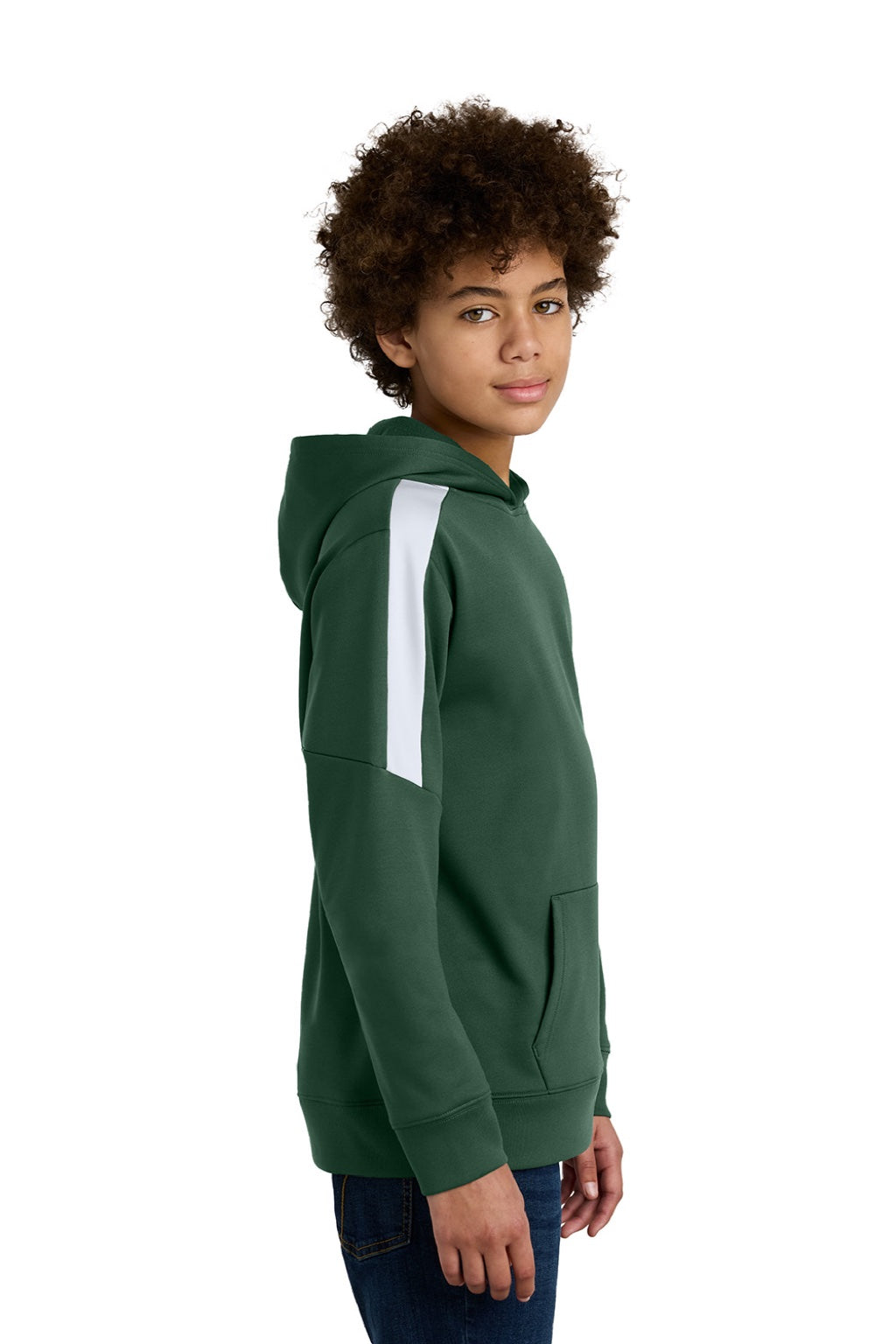 Sport-Tek YST255 Youth Sport-Wick Moisture Wicking United Fleece Hooded Sweatshirt Hoodie w/ Pouch Pocket Forest Green/White Model Side