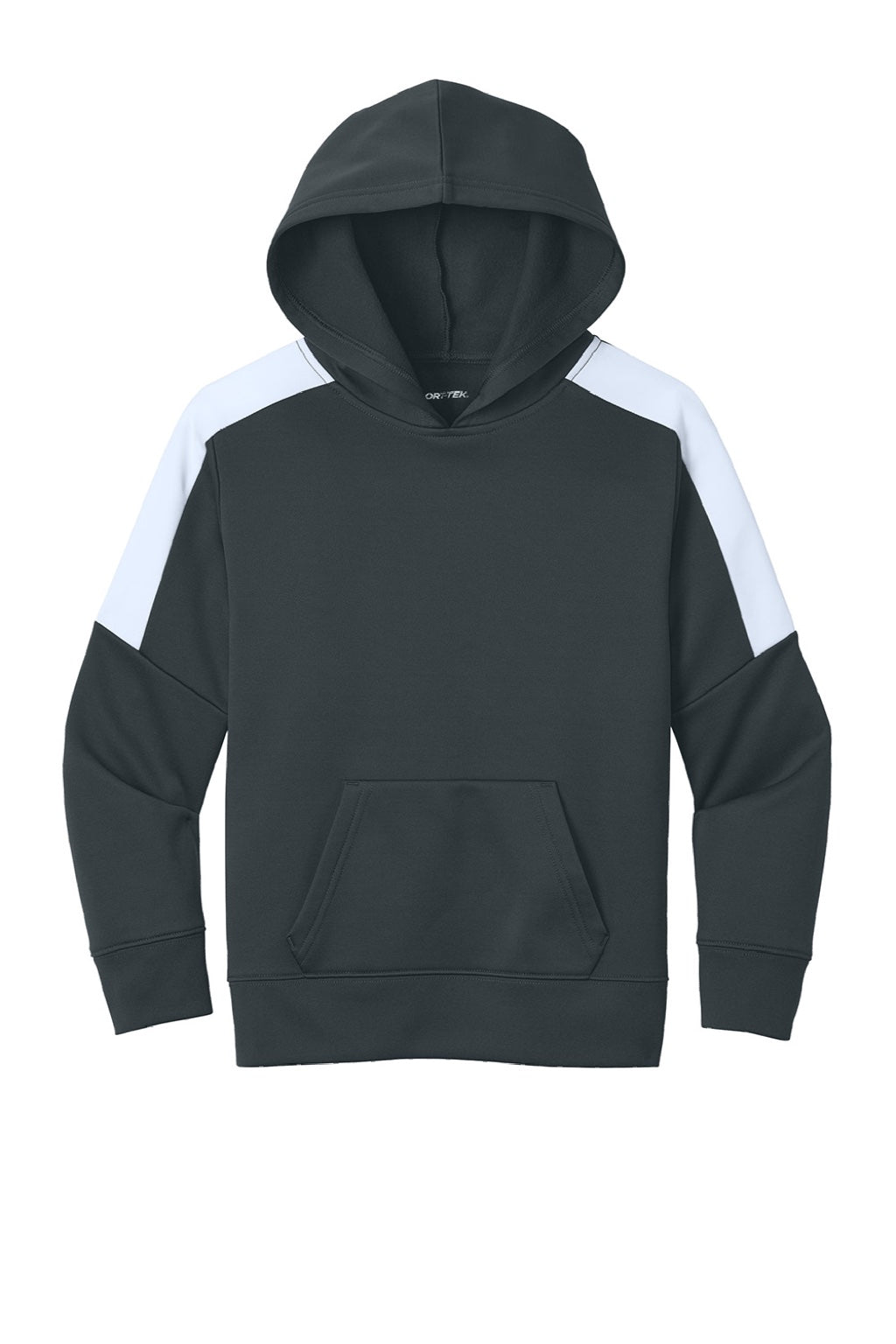 Sport-Tek YST255 Youth Sport-Wick Moisture Wicking United Fleece Hooded Sweatshirt Hoodie w/ Pouch Pocket Iron Grey/White Flat Front