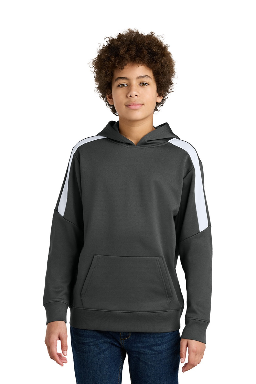 Sport-Tek YST255 Youth Sport-Wick Moisture Wicking United Fleece Hooded Sweatshirt Hoodie w/ Pouch Pocket Iron Grey/White Model Front