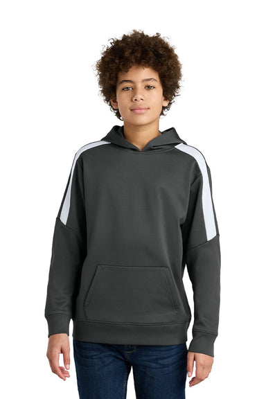 Sport-Tek YST255 Youth Sport-Wick Moisture Wicking United Fleece Hooded Sweatshirt Hoodie w/ Pouch Pocket Iron Grey/White Model Front