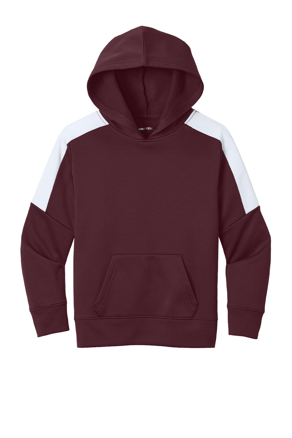 Sport-Tek YST255 Youth Sport-Wick Moisture Wicking United Fleece Hooded Sweatshirt Hoodie w/ Pouch Pocket Maroon/White Flat Front