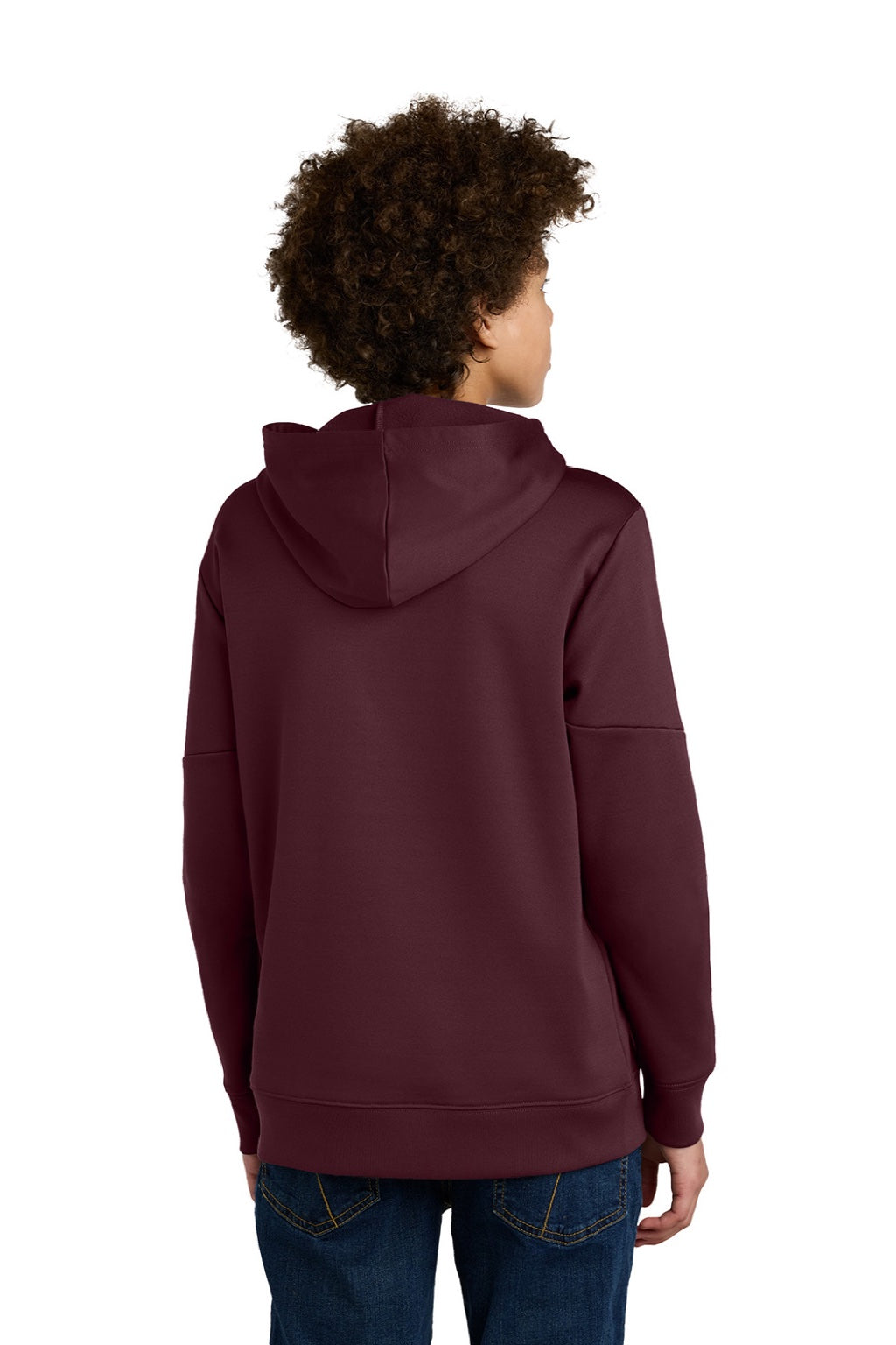 Sport-Tek YST255 Youth Sport-Wick Moisture Wicking United Fleece Hooded Sweatshirt Hoodie w/ Pouch Pocket Maroon/White Model Back