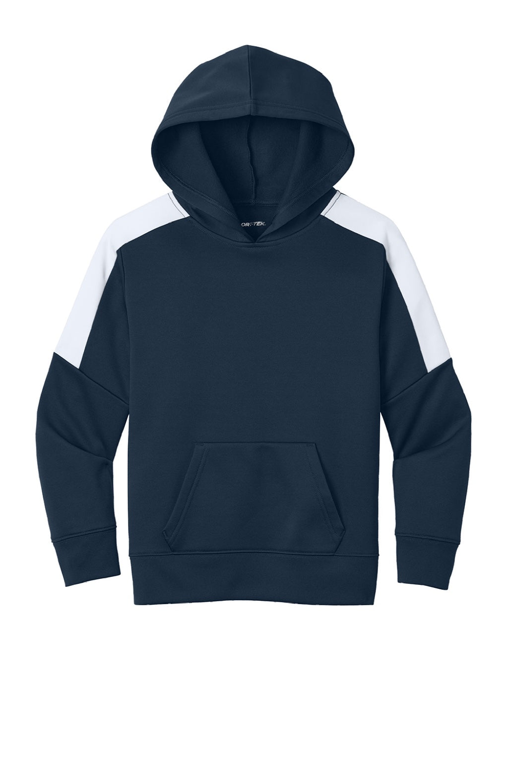 Sport-Tek YST255 Youth Sport-Wick Moisture Wicking United Fleece Hooded Sweatshirt Hoodie w/ Pouch Pocket Navy Blue/White Flat Front