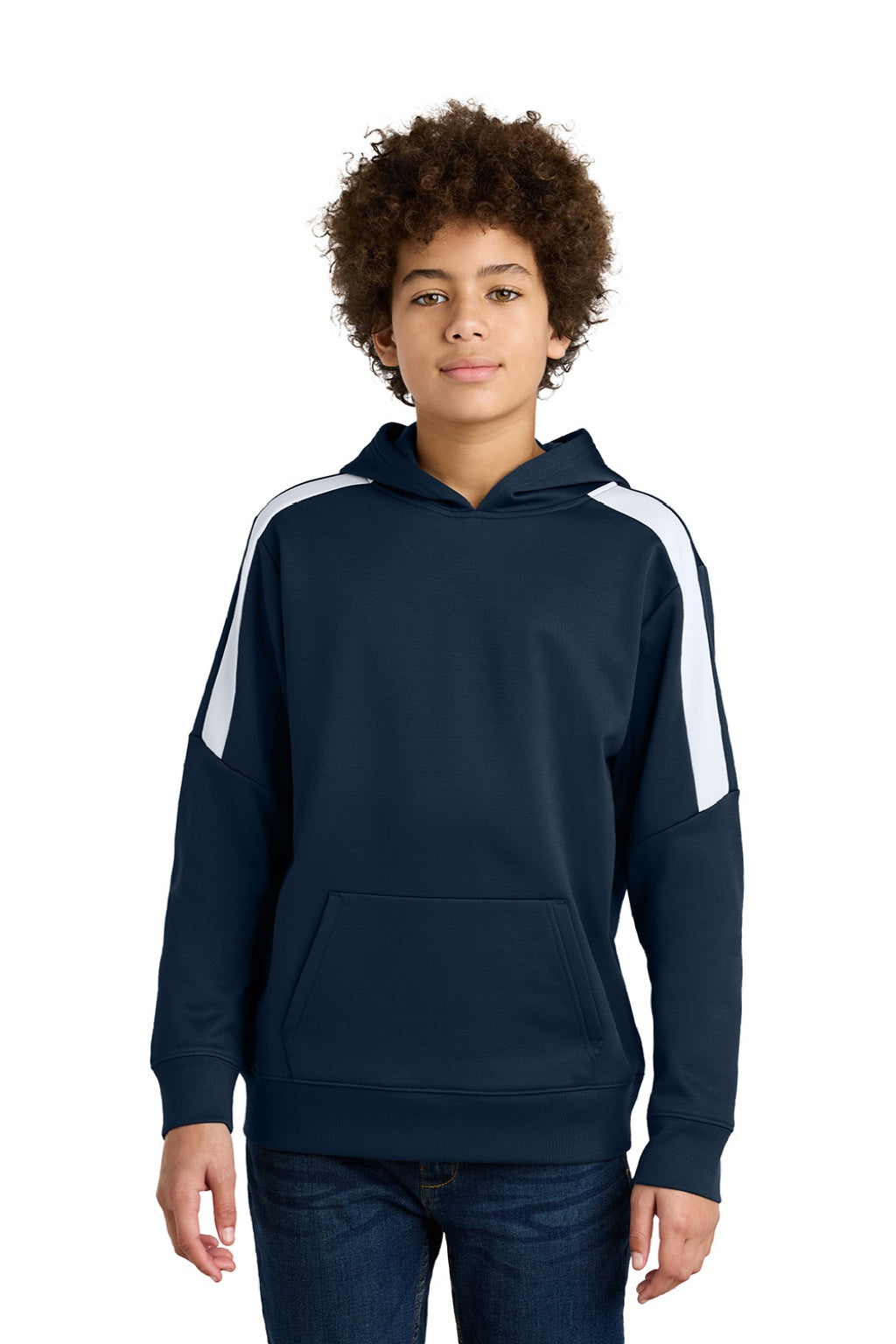 Sport-Tek YST255 Youth Sport-Wick Moisture Wicking United Fleece Hooded Sweatshirt Hoodie w/ Pouch Pocket Navy Blue/White Model Front