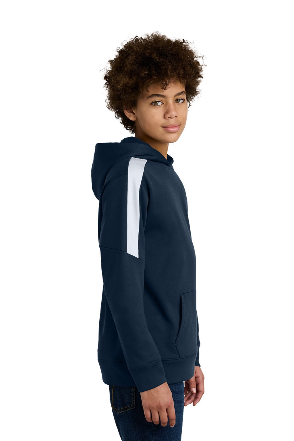 Sport-Tek YST255 Youth Sport-Wick Moisture Wicking United Fleece Hooded Sweatshirt Hoodie w/ Pouch Pocket Navy Blue/White Model Side