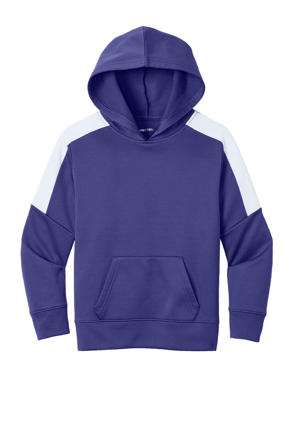 Sport-Tek YST255 Youth Sport-Wick Moisture Wicking United Fleece Hooded Sweatshirt Hoodie w/ Pouch Pocket Purple/White Flat Front