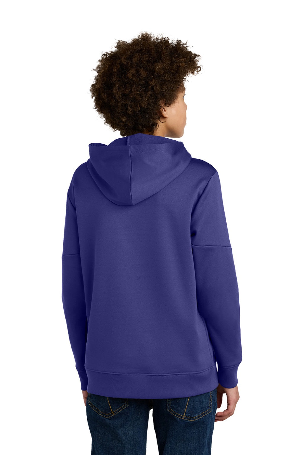Sport-Tek YST255 Youth Sport-Wick Moisture Wicking United Fleece Hooded Sweatshirt Hoodie w/ Pouch Pocket Purple/White Model Back
