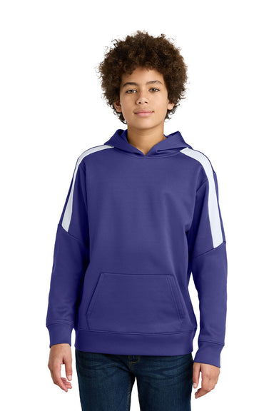 Sport-Tek YST255 Youth Sport-Wick Moisture Wicking United Fleece Hooded Sweatshirt Hoodie w/ Pouch Pocket Purple/White Model Front