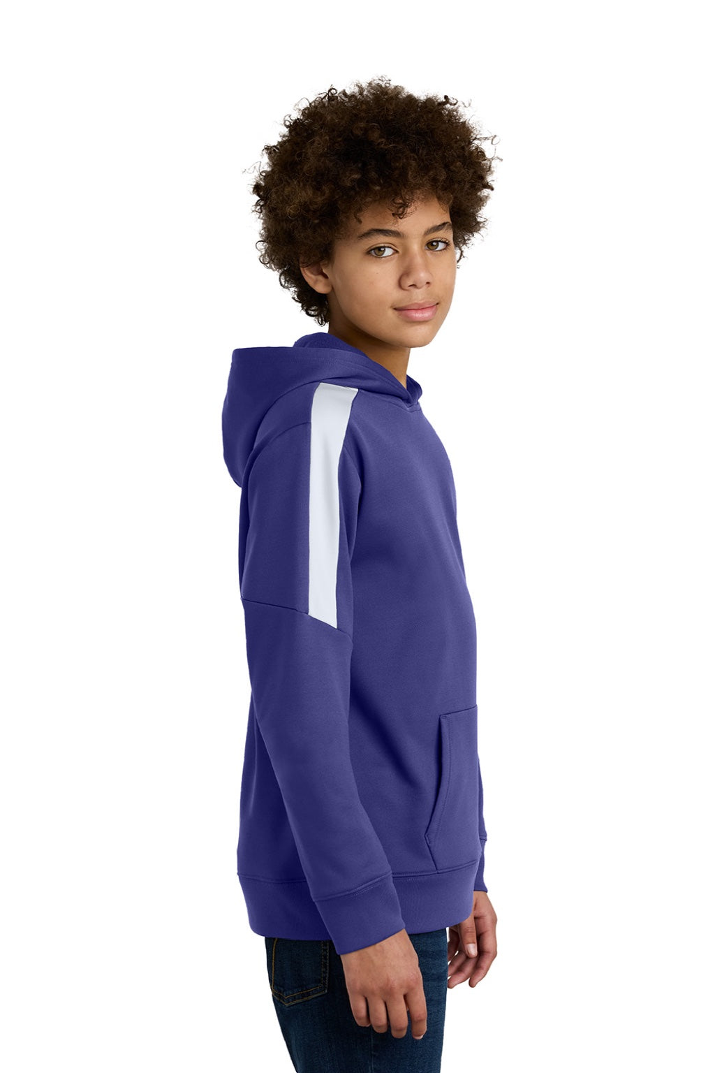 Sport-Tek YST255 Youth Sport-Wick Moisture Wicking United Fleece Hooded Sweatshirt Hoodie w/ Pouch Pocket Purple/White Model Side
