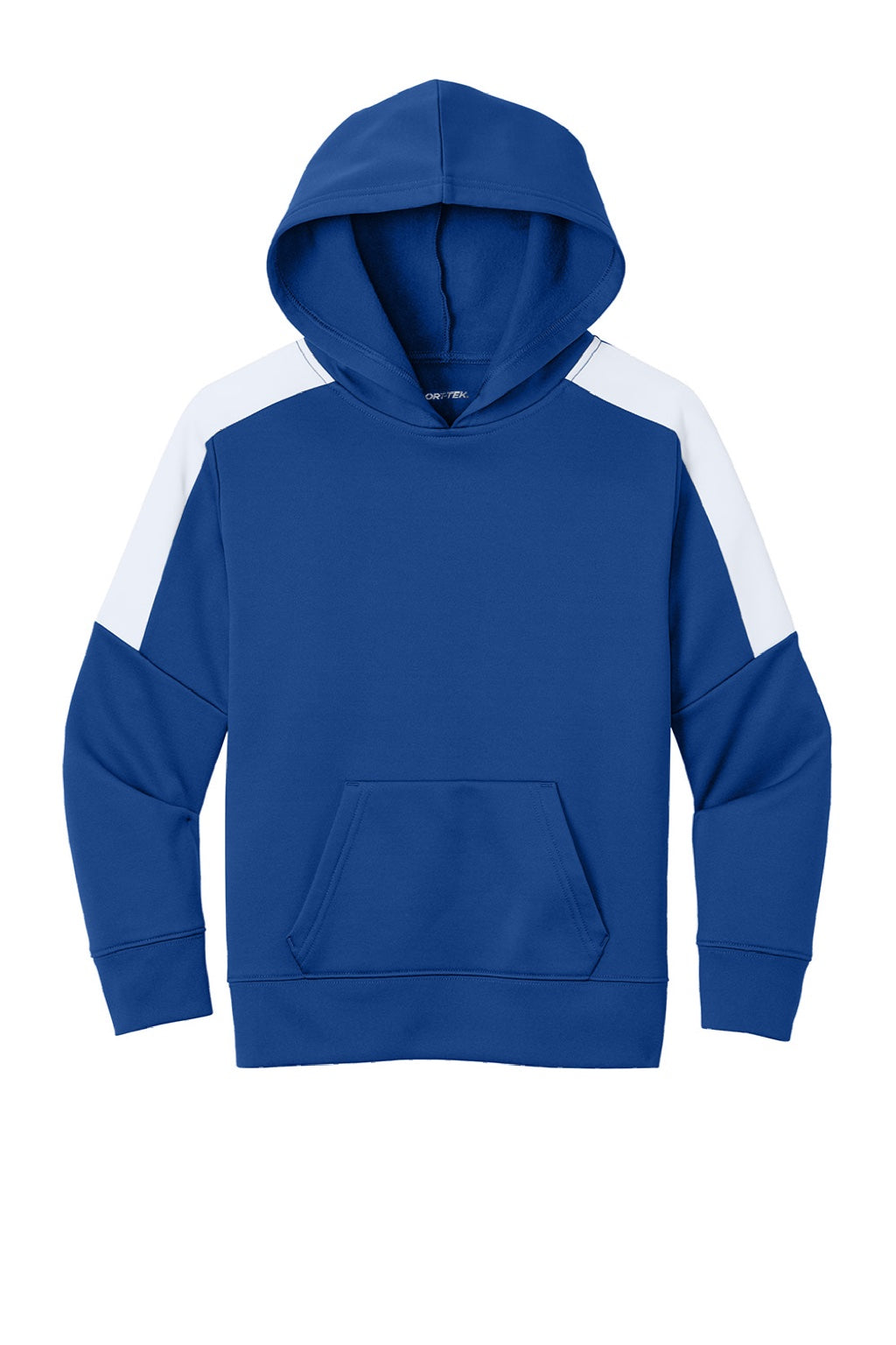 Sport-Tek YST255 Youth Sport-Wick Moisture Wicking United Fleece Hooded Sweatshirt Hoodie w/ Pouch Pocket True Royal Blue/White Flat Front