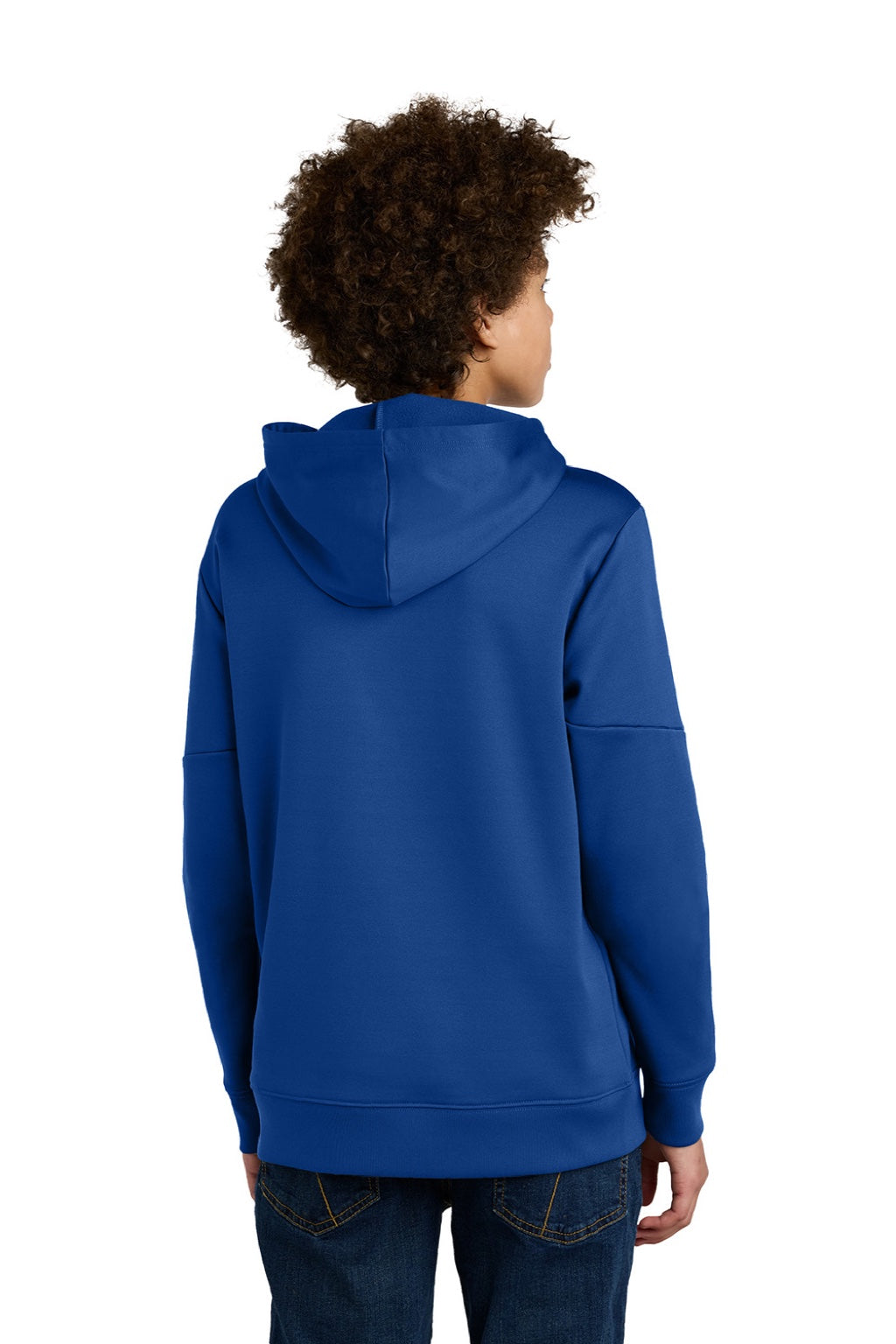 Sport-Tek YST255 Youth Sport-Wick Moisture Wicking United Fleece Hooded Sweatshirt Hoodie w/ Pouch Pocket True Royal Blue/White Model Back