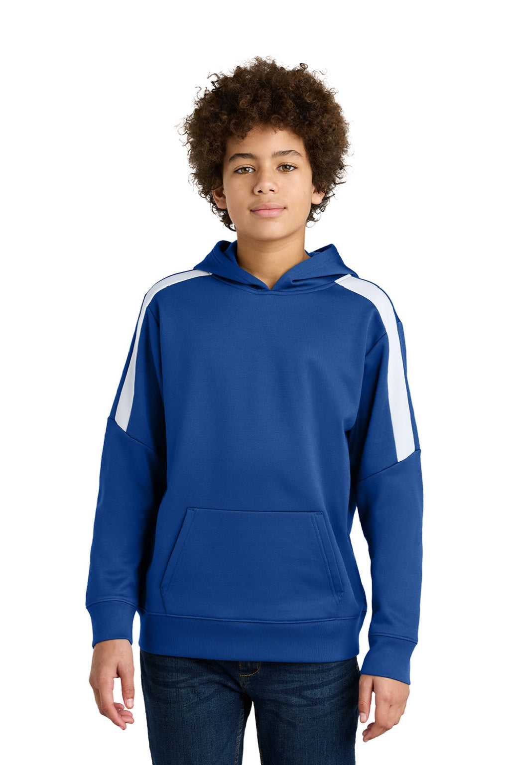 Sport-Tek YST255 Youth Sport-Wick Moisture Wicking United Fleece Hooded Sweatshirt Hoodie w/ Pouch Pocket True Royal Blue/White Model Front