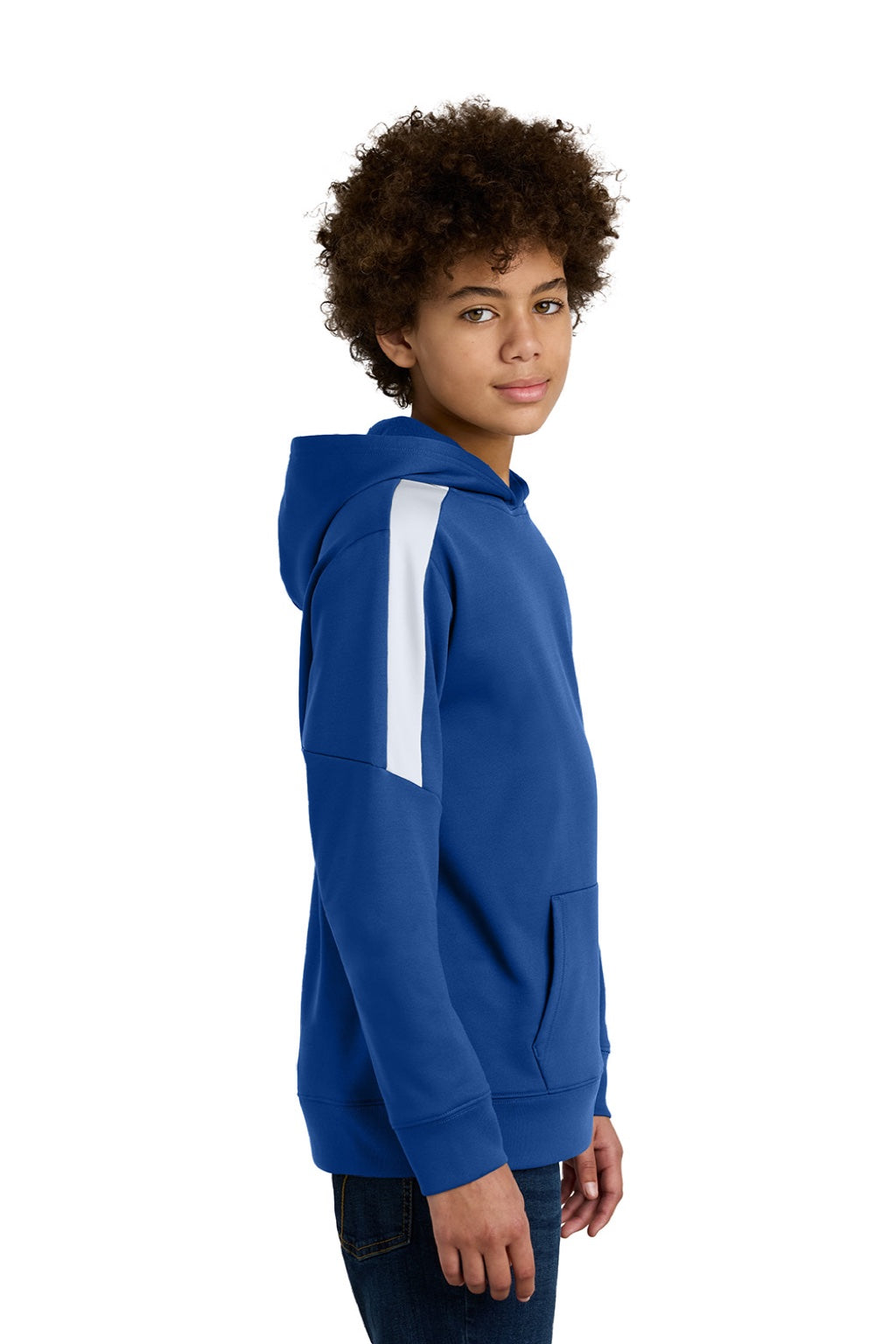 Sport-Tek YST255 Youth Sport-Wick Moisture Wicking United Fleece Hooded Sweatshirt Hoodie w/ Pouch Pocket True Royal Blue/White Model Side
