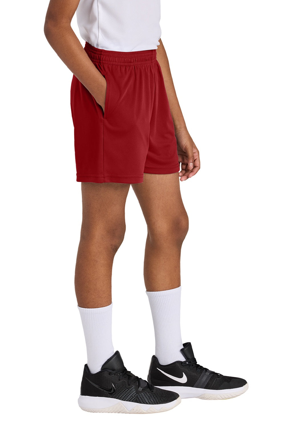Sport-Tek YST349P Youth PosiCharge Competitor Shorts w/ Pockets Deep Red Model Side