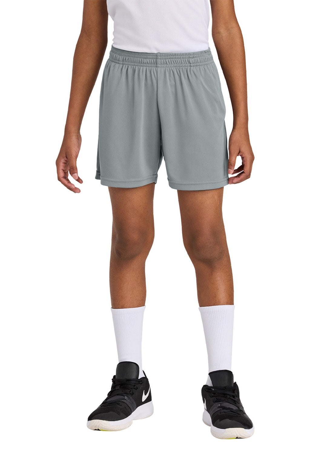 Sport-Tek YST349P Youth PosiCharge Competitor Shorts w/ Pockets Silver Grey Model Front