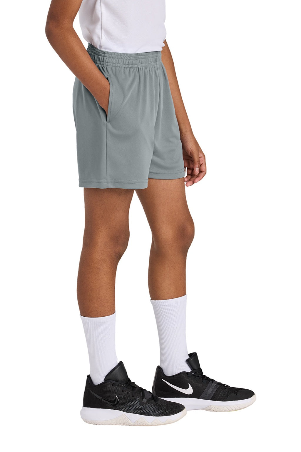 Sport-Tek YST349P Youth PosiCharge Competitor Shorts w/ Pockets Silver Grey Model Side