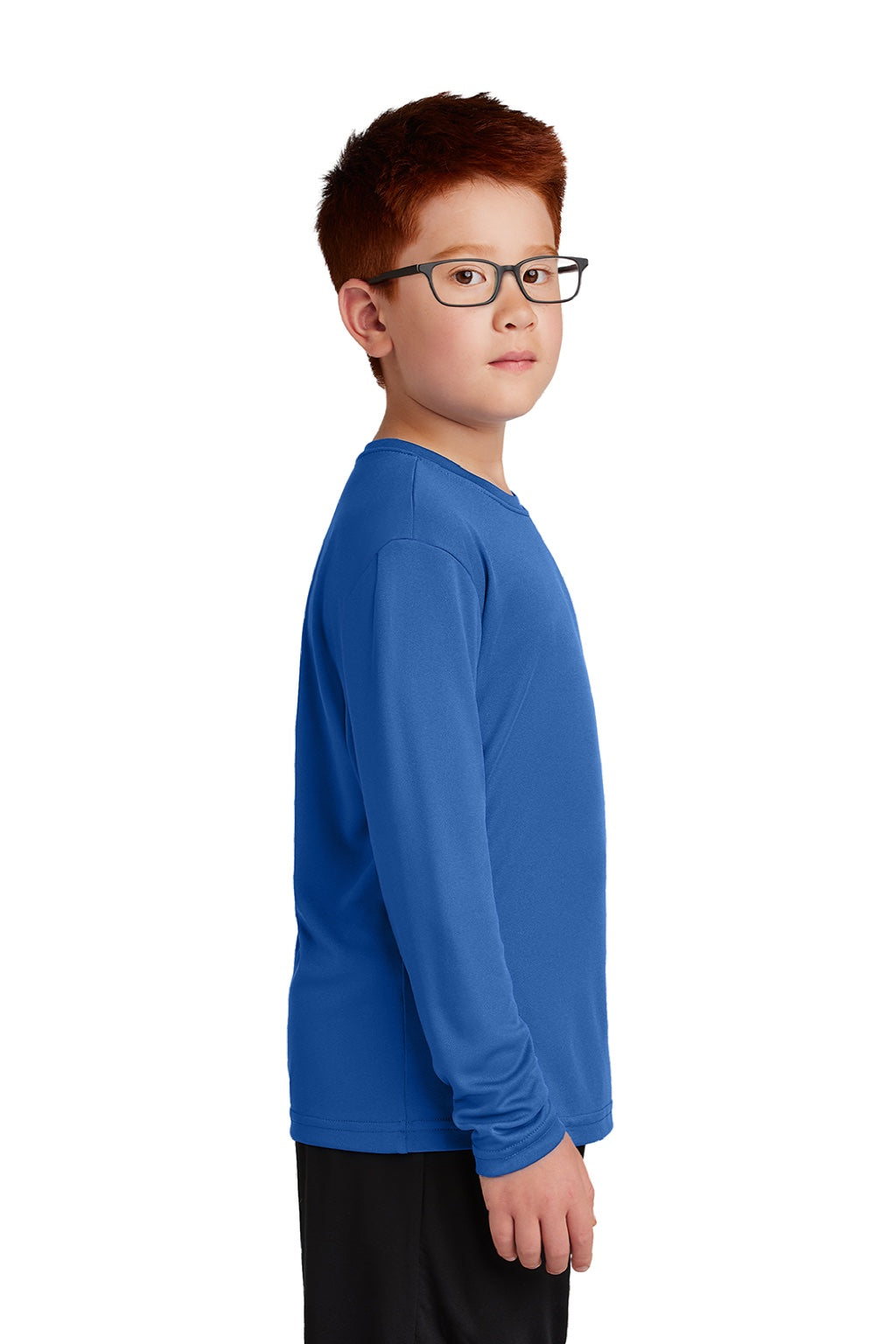 Sport-Tek YST350LS Youth Competitor Moisture Wicking Long Sleeve Crewneck T-Shirt Royal Blue Model Side
