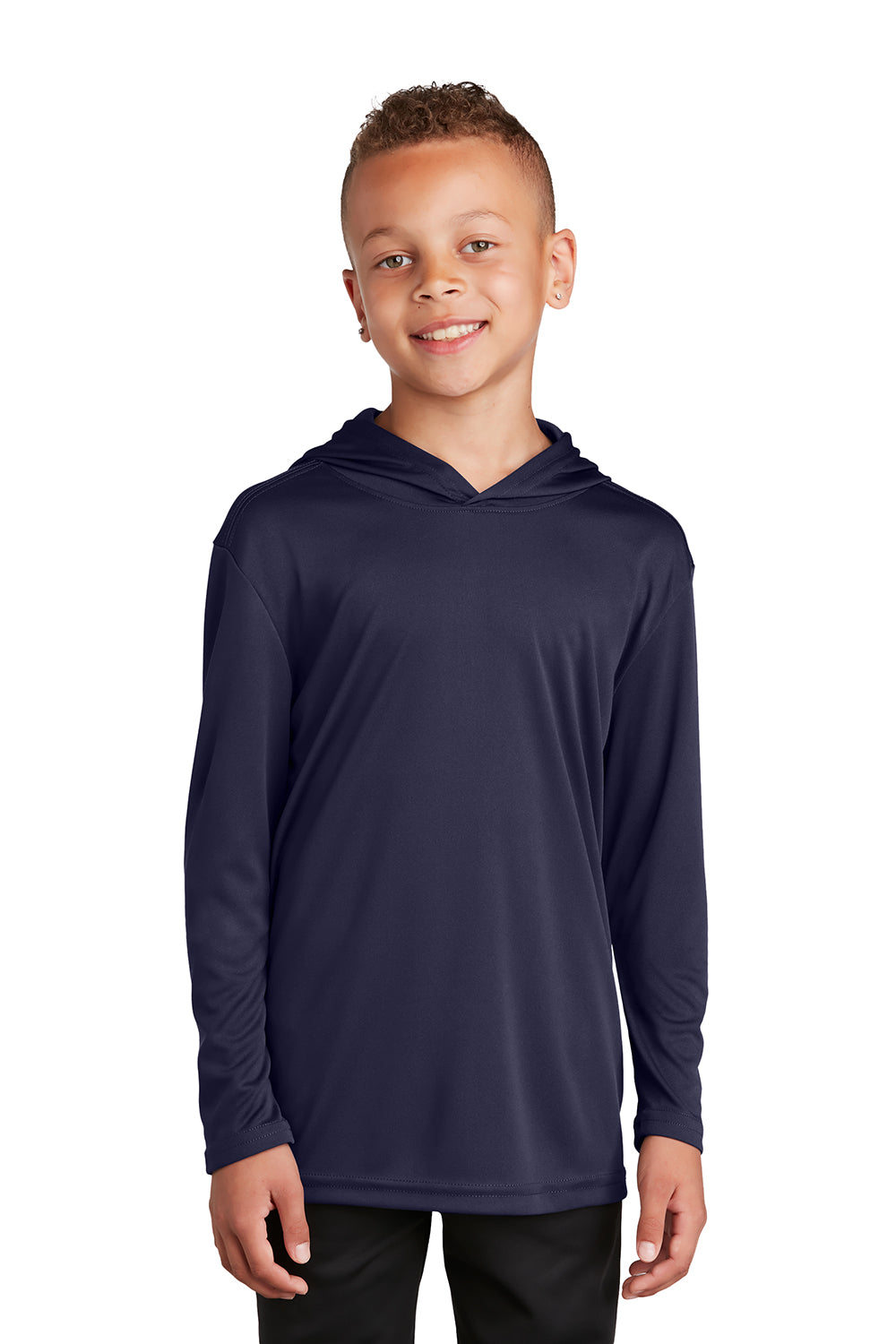 Sport-Tek YST358 Youth Competitor Moisture Wicking Long Sleeve Hooded T-Shirt Hoodie True Navy Blue Model Front
