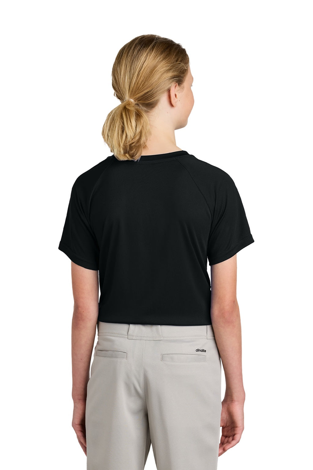 Sport-Tek YST359 Youth Moisture Wicking Competitor 2-Button Short Sleeve Henley Black Model Back