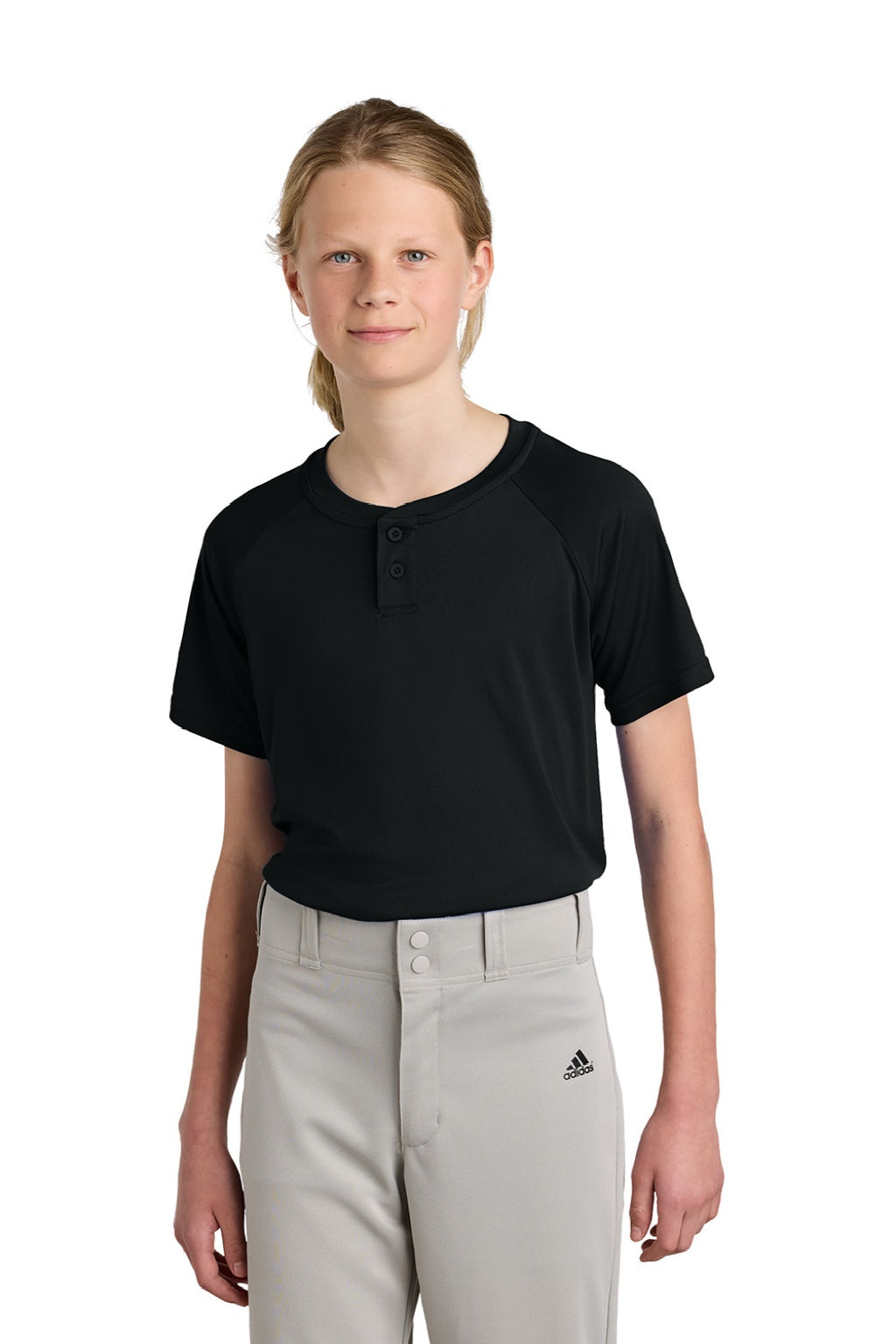 Sport-Tek YST359 Youth Moisture Wicking Competitor 2-Button Short Sleeve Henley Black Model Front