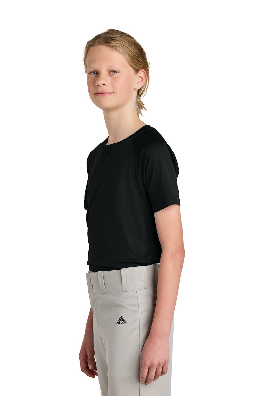 Sport-Tek YST359 Youth Moisture Wicking Competitor 2-Button Short Sleeve Henley Black Model Side