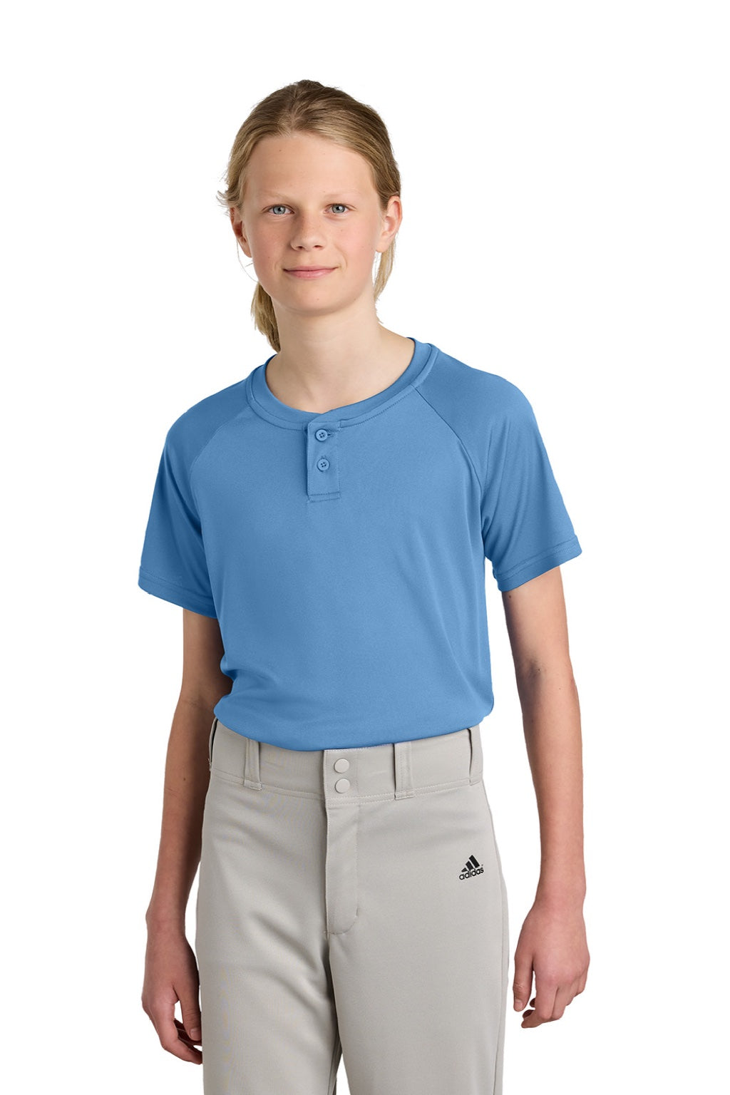 Sport-Tek YST359 Youth Moisture Wicking Competitor 2-Button Short Sleeve Henley Carolina Blue Model Front