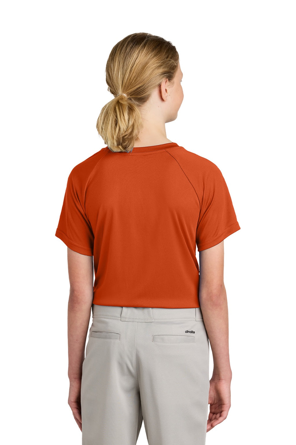 Sport-Tek YST359 Youth Moisture Wicking Competitor 2-Button Short Sleeve Henley Deep Orange Model Back