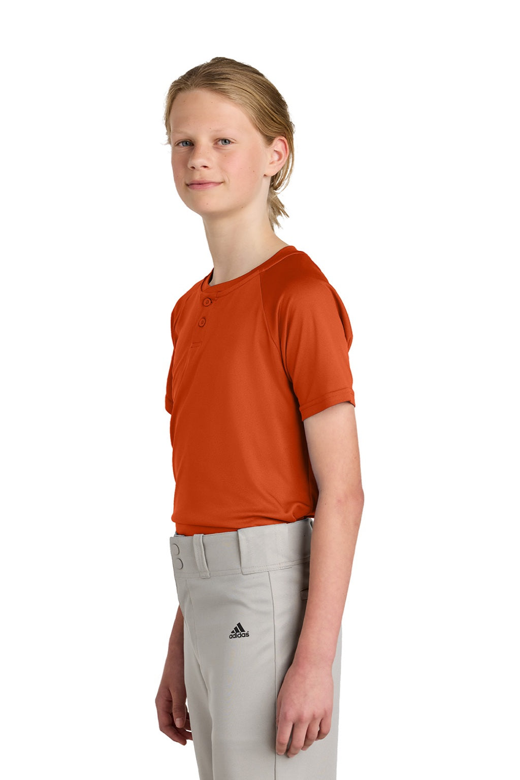 Sport-Tek YST359 Youth Moisture Wicking Competitor 2-Button Short Sleeve Henley Deep Orange Model Side