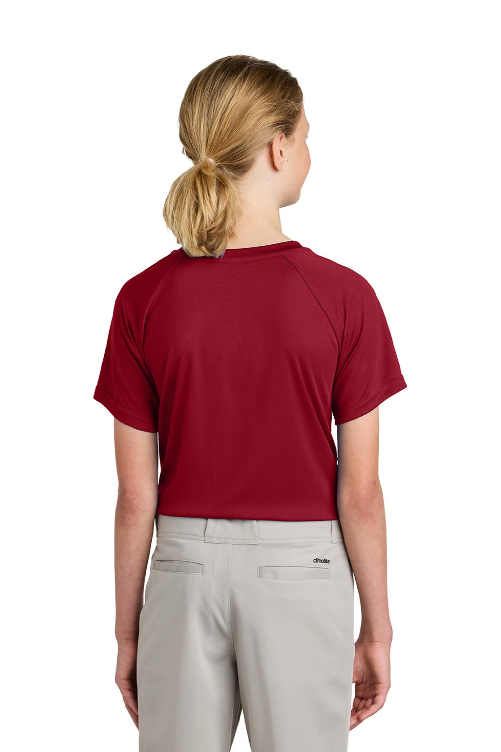 Sport-Tek YST359 Youth Moisture Wicking Competitor 2-Button Short Sleeve Henley Deep Red Model Back