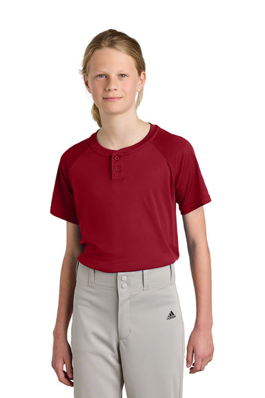 Sport-Tek YST359 Youth Moisture Wicking Competitor 2-Button Short Sleeve Henley Deep Red Model Front