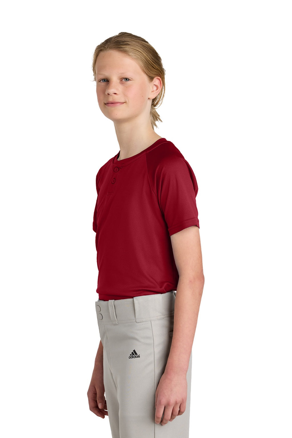 Sport-Tek YST359 Youth Moisture Wicking Competitor 2-Button Short Sleeve Henley Deep Red Model Side